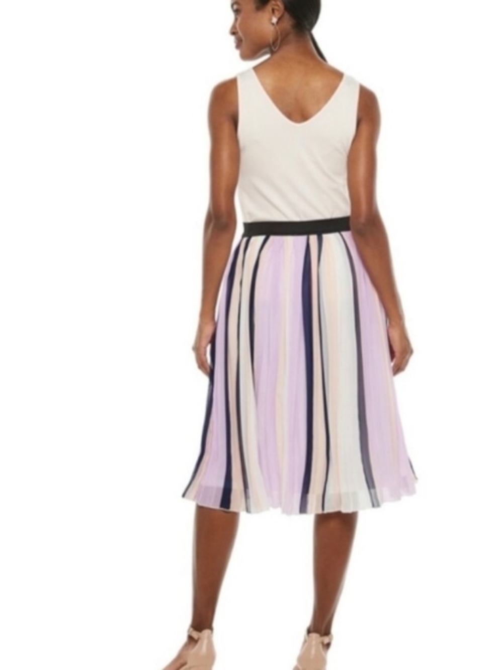 Elle Pleated Skirt Striped A-Line Size L Accordion Midi Pastel Lined